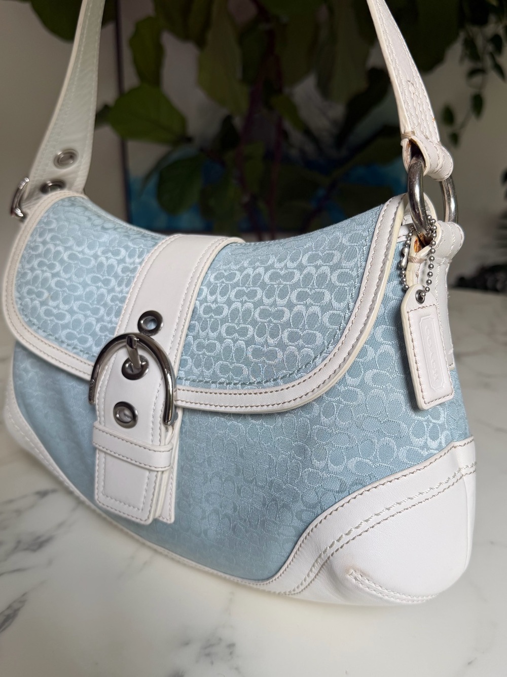 COACH Vintage Y2K Soho Mini Signature Medium Flap Shoulder Bag F109256 Sky Blue - Picture 15 of 16